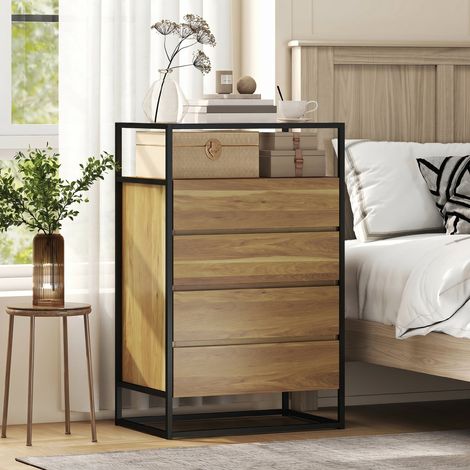 Meuble de rangement design, bibliothèque ouverte avec 4 tiroirs, acier et verre trempé, cassettière moderne pour salon ou bureau. (1/5)