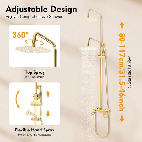 Duschsystem, Duschpaneel mit armatur, 360° drehbaren, Wandmontage, Einstellbare Höhe 80–117 cm, Anwendbarer Wasserdruck 0,25 MPa für Hotels, Badezentren, Schwimmbäder, usw - Gold