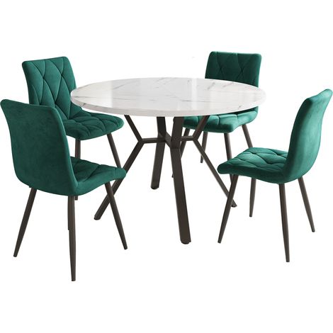 Ensemble table et chaises de salle à manger (5 pièces), ensemble moderne et épuré de table à manger ronde en marbre, pieds en métal noir + 4 chaises ergonomiques en suédine verte
