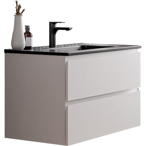 BERNSTEIN - Meuble vasque suspendu MDF Blanc mat, lavabos Noir mat + trou robinet trop plein & Bonde - 80x46x50cm - AVA (1/5)