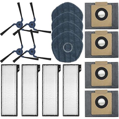 Pièces compatibles avec l'aspirateur robot Eufy X10 Pro Omni : brosse latérale, chiffon de nettoyage, filtre HEPA, sac à poussière et accessoires. (1/5)