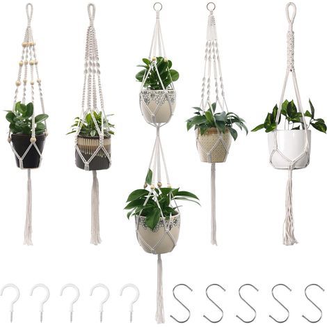 5-Piece Plant Stand and Plant Shelf, Macrame Hanging Pot, Cotton Rope Hanging Basket, Flower Pot for Plants, Hanging Holder