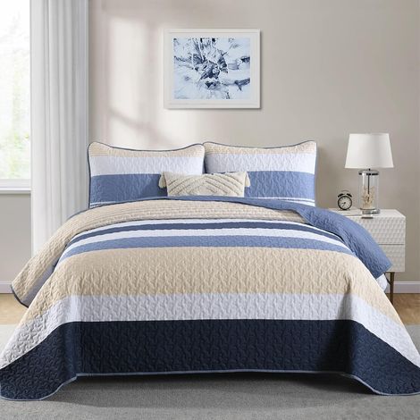 Couvre-lit 240 x 260 cm - Bleu - 3 pièces - Lit double - En microfibre - Avec 2 taies d'oreiller - 50 x 75 cm - Pour chambre à coucher - Jeté de canapé (1/5)