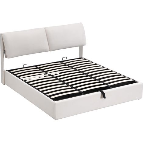 Lit rembourré, 160200, lit hydraulique, trois tiroirs, coffre de lit de rangement, sommier à lattes avec tête de lit, sans matelas, velours, beige (1/5)