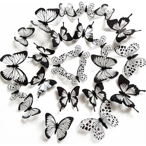Autocollant mural papillon 3D noir blanc 24 pièces/ensemble, décoration de mariage, chambre à coucher, salon, décor (1/5)