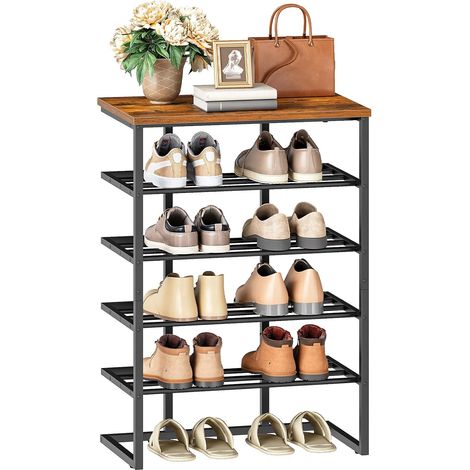 Étagère à Chaussures Verticale, Range-Chaussures Style Industriel à 5 Niveaux, Structure Métallique, Base en U et Pieds Réglables, Marron Rustique et Noir EBF54XJ01 (1/5)