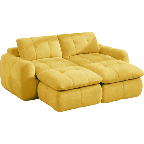 2-Sitzer modulares Sofa ohne Gestell aus gelbem Chenille mit Steppnähten und 2 Hockern (1/5)