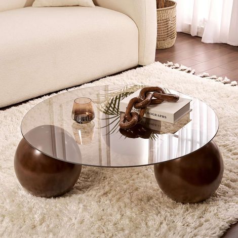 Table basse 85x85x30 cm en verre fumé bronze et décor noyer - ZAO (1/5)