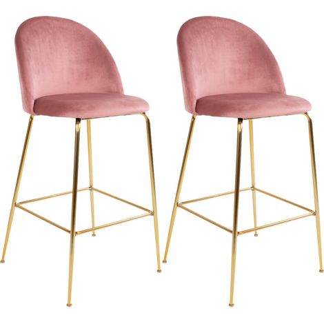 Lot de 2 Chaises Hautes Velours Rose et Pieds Métal Doré - MEYRIN (1/5)