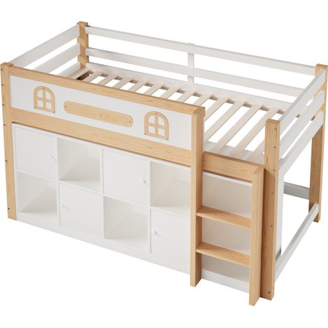 Halbhohes Bett 90 x 200 cm mit Tafel, Stauraum und Leiter, ohne Matratze, Weiß/Natur (1/5)
