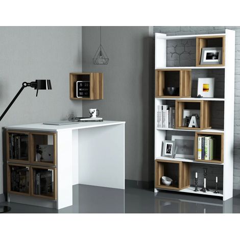 Ensemble bureau étagère et bibliothèque bois blanc et noyer Burano (1/4)