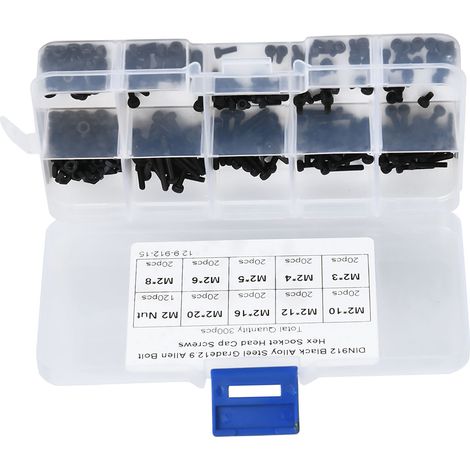 Kit de 300 vis et écrous hexagonaux à six pans creux M2 x 3-20 mm en acier allié noir de classe 12.9 (1/5)