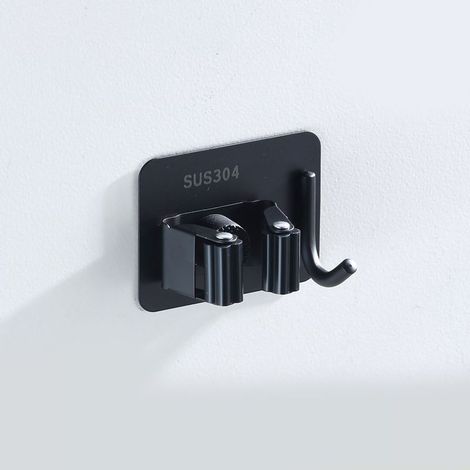 Support Mural pour Serpillière en Acier Inoxydable, Installation sans Percage ni Colle, Porte-Balai Multifonction pour Salle de Bain avec Crochet, Noir (1/5)