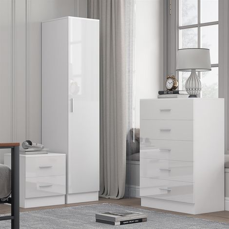 Reflect 1 Door Plain Wardrobe, 5 Drawer Chest, 2 Drawer Bedside - White Gloss & Matt White - Bedroom Furniture Set
