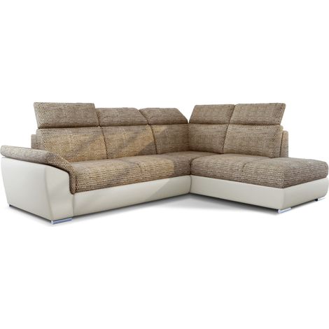 Canapé d'angle convertible en bi-matière KEPITA - Appuis-tête réglables et rangement-Beige clair/Beige chiné-angle droit (1/5)