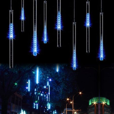 Météore solaire douche bleue, 30 cm/8 tubes/360 LEDs, cascade goutte d’eau, étanche, Noël/jardin/fête. (1/5)