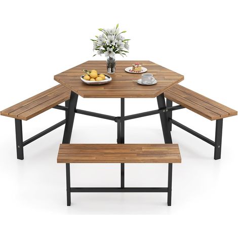 Goplus – Table de pique-nique hexagonale en bois d'acacia FSC – 6 places avec 3 bancs intégrés – Trou pour parasol – Structure métallique robuste