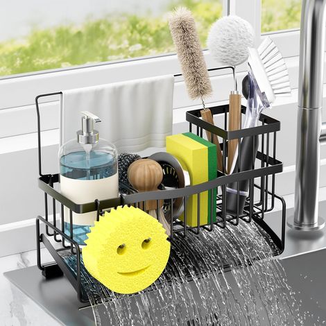 Organisateur Evier Cuisine Acier Inoxydable Rack Auto Drainant Porte Eponge Evier Cuisine avec Brosse Haute Rack éponge Crochet Porte Serviettes et Amovible Diviseur, Noir (1/5)