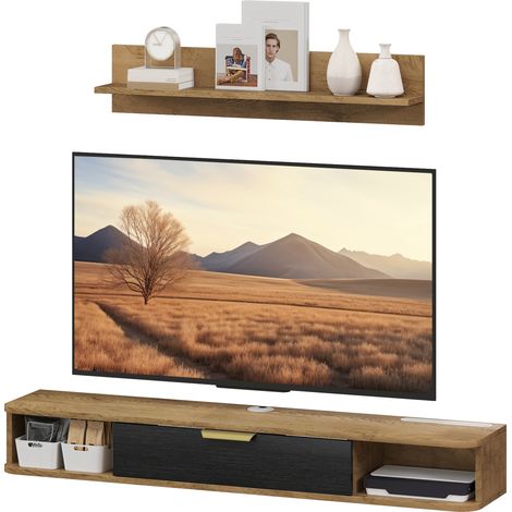 120x24x16 cm, Chêne, compartiments d'étagère murale Trous de câble, la maison, Ensemble de meubles de salon TV (1/5)