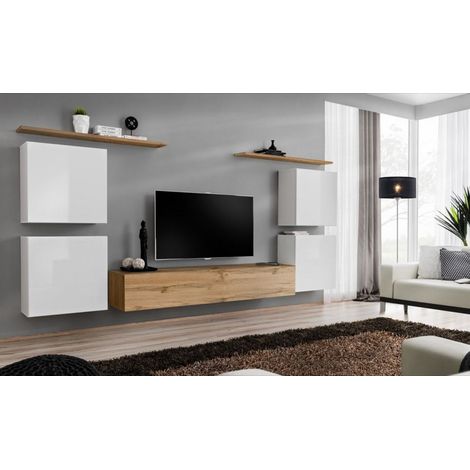Ensemble mural - Switch IV - 1 vitrine - 1 banc TV - 2 étagères - Bois et blanc - Modèle 2 - Livraison gratuite
