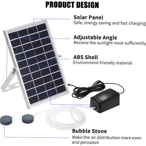 Bomba de oxígeno solar para acuarios y estanques: juego completo con difusores y mangueras funcionamiento nocturno gracias a su batería integrada modelo silencioso de 5 W para acuarios de 40 a 250 lit (1/5)