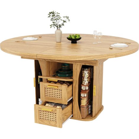 ELVMI Tavolo da Pranzo Estensibile con Cassetti Effetto Rattan, per Sala da Pranzo, in MDF, Legno Naturale (1/5)