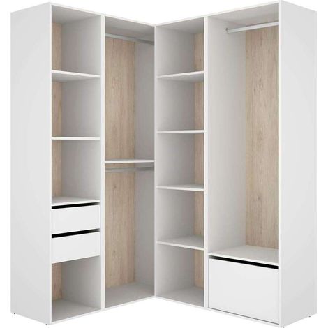 Vestidor de rincón Reus 2 cajones, zapatero y trasera reversible en blanco/natural, 204.5cm(alto) 124cm(ancho) 144.5cm(fondo).