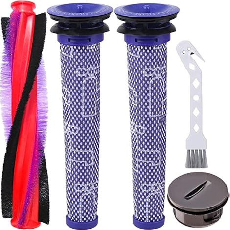 Brosse + Filtre pour Dyson V6 DC59 DC62 SV03 SV073 Serie aspirateur, 185 mm/7,3 pouces, Accessoires 2 pré filtres lavables, 1 rouleau de brosse, 1 embout de brosse à rouleau (lot de 4)