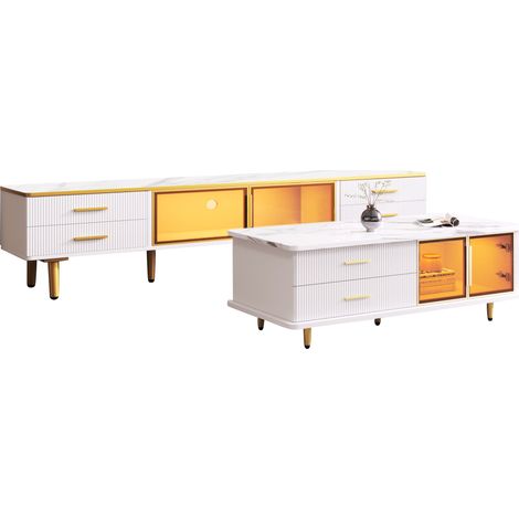 Meuble TV et table basse modulaires avec portes en verre trempé, cadre en alliage d'aluminium et poignées dorées, finition marbre (1/5)
