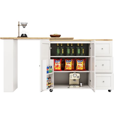 Bartisch mit 3 Schubladen, 2 Türen, Seitenregalen und Rollen, 360° drehbar, aus MDF, 135x39x106 cm Weiß (1/5)