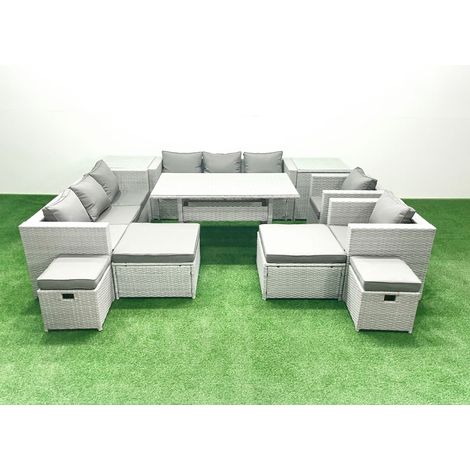 Fimous Rattan Gartenmöbel Essgarnitur 12 Sitzer Lounge Sofa Stuhl Esstisch Set mit 4 Hockern 2 Beistelltischen Hellgrau gemischt (1/5)