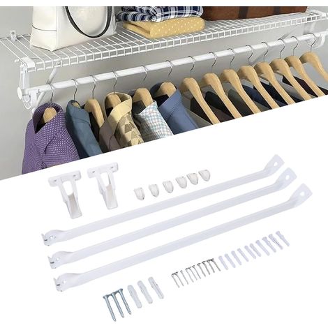 Soporte para rejilla de almacenamiento: 3 piezas para estantes de 30 cm con 6 abrazaderas y 2 soportes de extremo de acero para estantes de armario o vestidor. (1/5)