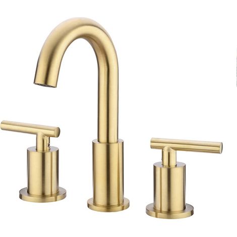 Robinet Lavabo Deux Poignées - Laiton Sans Plomb - Finition Or Brossé - 20 cm - Trous Multiples 3 - Avec Siphon À Relevage Et Tuyaux D'alimentation