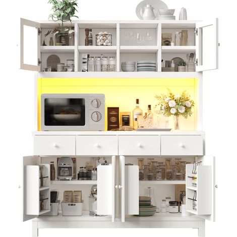 Buffet haut de cuisine Blanc,meuble moderne avec LED,avec 4 tiroirs,plan de travail,140x38.5x180cm,cuisine,salon (1/5)