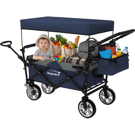Hauki Bollerwagen XXL faltbar mit Dach & Tasche, Blau-Grau, Handwagen klappbar zum Schieben & Ziehen, Transportwagen für Kinder, 360° drehbare Vorderräder, PU Räder mit Bremsen, Transportkarre 120 kg (1/5)