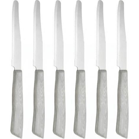 Set da 6 Coltelli da Tavola Made in Italy in Acciaio Inox con Punta Arrotondata e Lama Seghettata  Manico Effetto Legno OLMO SBIANCATO 22 cm Lavabili in Lavastoviglie e Professionali