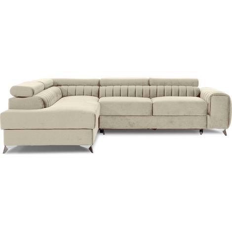 Canapé d'angle convertible velours appuis-tête réglables LOZA - Coffre et pieds acier chromé angle gauche-Crème-angle gauche (1/5)