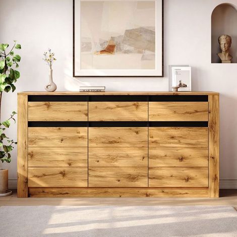 Buffet 135x35x70cm, 3 portes 3 tiroirs aspect bois naturel - Buffet salon - Joli meuble scandinave avec 9 compartiments de rangement (1/5)