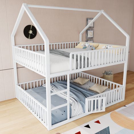 Cama litera metálica 140x200 cm, con forma de casa, escalera frontal, puerta inferior abatible, color blanco (1/5)