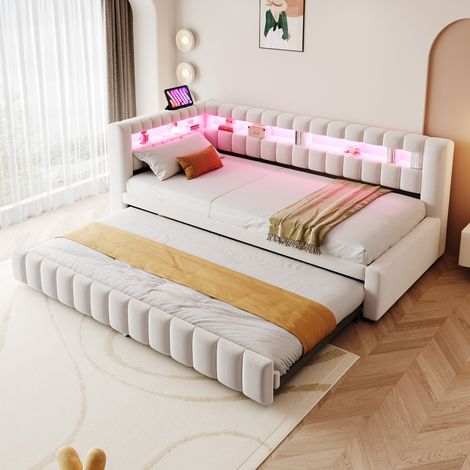 Sofá cama tapizado extraíble 90 x 200 cm con LED, USB y Type-C, terciopelo beige, OKWISH (1/5)