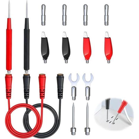 Kit de Fils de Test Multimètre 16 Pièces avec Pince Crocodile et Fiches Banane 4mm Sondes de Test Isolées Pointe de Touche Multimètre Remplaçable pour Diagnostic Automobile et Test Électrique Pro (1/5)