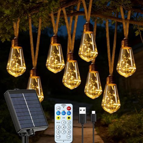 Lampes solaires d'extérieur de jardin - 20 ampoules S17 - 10 m - Corde de chanvre avec télécommande, USB et énergie solaire - Incassable - Étanche - 8 modes - Guirlande lumineuse féérique pour (1/5)