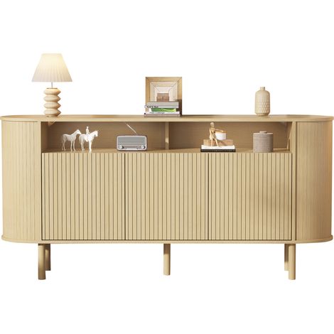 Sideboard mit 3 Wellentüren, 2 Offenen Fächern und 5 Holzbeinen, für Wohnzimmer, 160x40x78.5 cm, Natur (1/5)