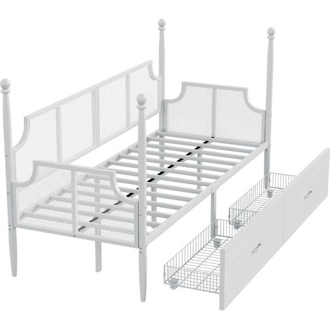 Canapé-lit en fer 90200, dossier et accoudoirs en maille style vintage, entouré d'une haute structure à colonnes, cadre métallique avec compartiments de rangement, lit simple en fer, lit ado, blanc (1/5)