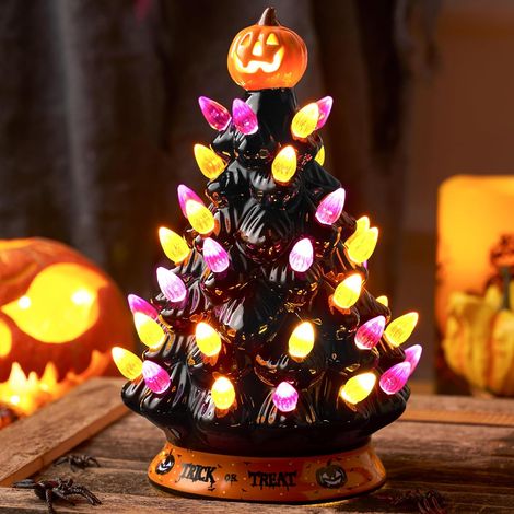 Arbre Halloween en céramique 21,5 cm avec citrouille LED lumineuse, décoration à piles pour table, cheminée, salon et fête (1/5)