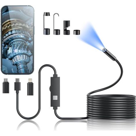 Telecamera endoscopica con luce, endoscopio HD 1920P con 8 luci LED regolabili, endoscopio con tubo flessibile semirigido per telecamera lungo 5 m, 7,9 mm I (1/5)