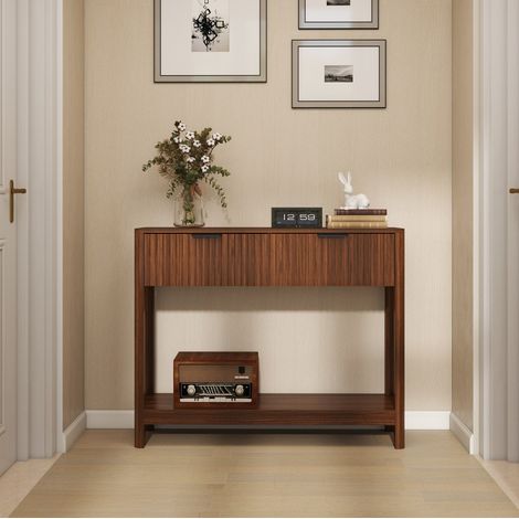 MODFU – Consolle ingresso 100x29,5x81,5 cm in legno ingegnerizzato con 2 cassetti scanalati, mensola aperta, portata 45 kg e stile Mid-Century – Noce (1/5)