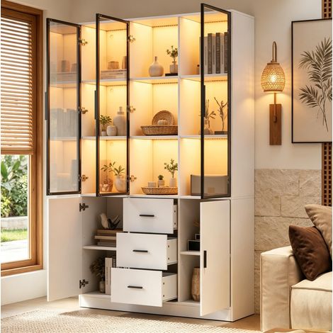 Vitrine de rangement 120x30x200 cm avec LED RGB, Bluetooth, 3 tiroirs, portes vitrées, blanc (1/5)