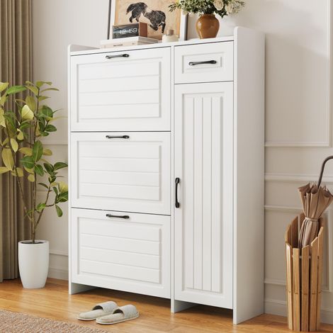 Schuhschrank schmal mit 3 Klappfächern 1 Schublade und 1 Tür - verstellbare Einlegeböden für Flur MDF Weiß - 92x24x121 cm (1/5)