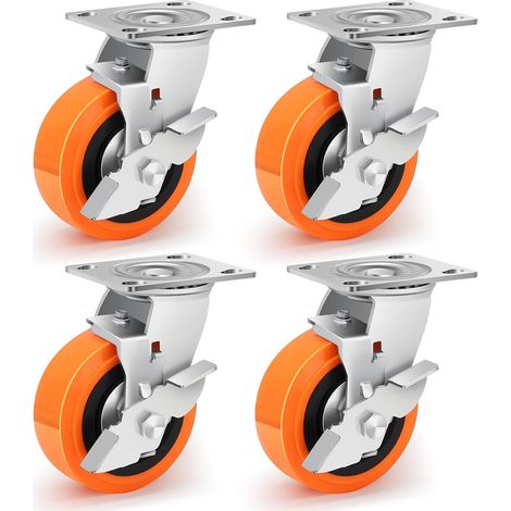 125mm Heavy Load Caster With Brake, Polyurethane Industrial Wheel Capacity 1600kg With Double Ball Bearing, Silent and Wear Resistant Equipment, Machines, Set of 4 (1/5)